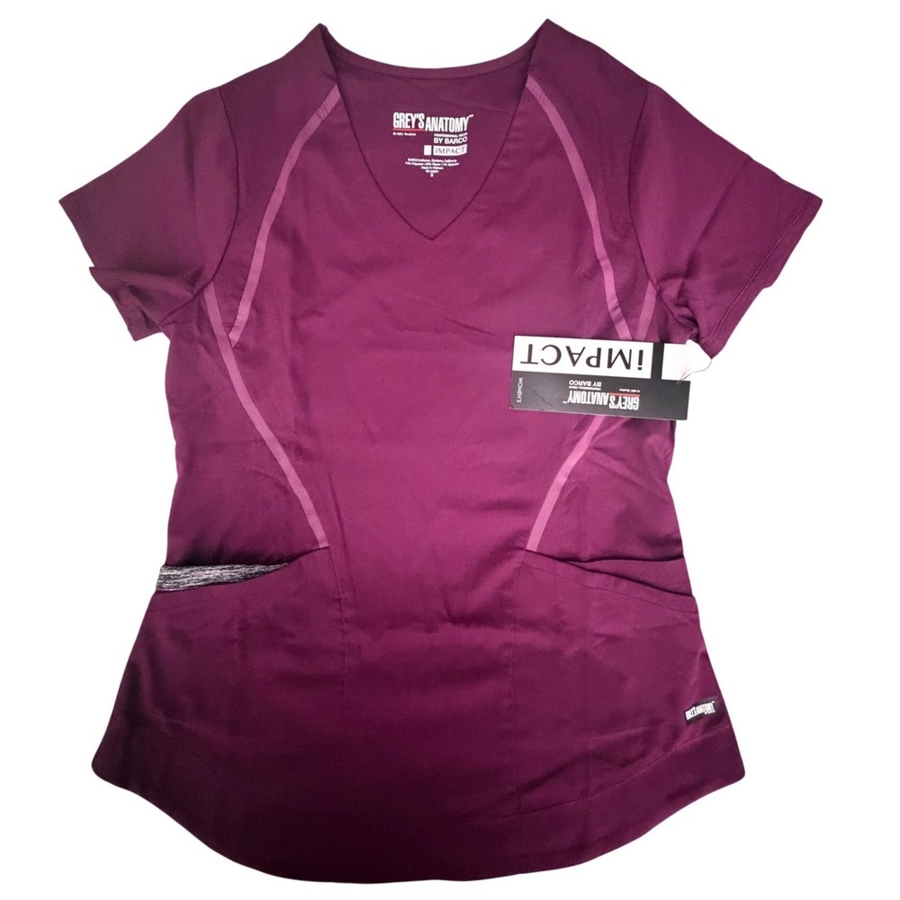 Greys Anatomy Impact by Barco Wine V-Neck Moto Stitch Scrub Top GITO87 Small NEW